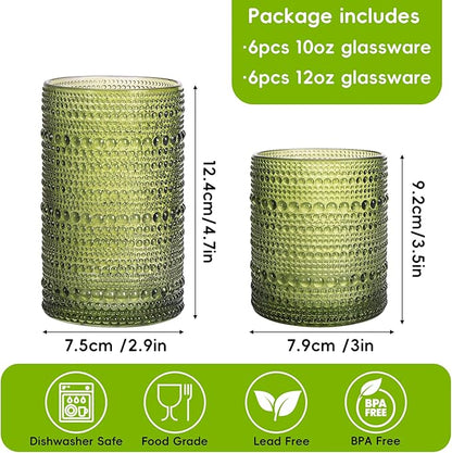 Moretoes Hobnail Drinking Glasses, 12 Piece Green Water Glass Cups, Mixed Vintage Glassware Set, 6pcs 12oz Highballs and 6pcs 10oz old Fashioned Glasses, Great for Cocktail, Whisky and other Beverages