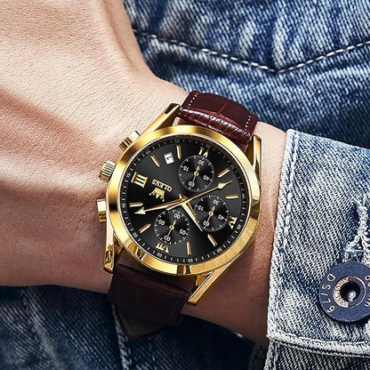 OLEVS Men's Chronograph Leather Watch, Big Face Easy to Read Analog Quartz Dress Watch, Casual Waterproof Luminous Hands Date Watches for Men, White/Blue/Black/Gold Dial