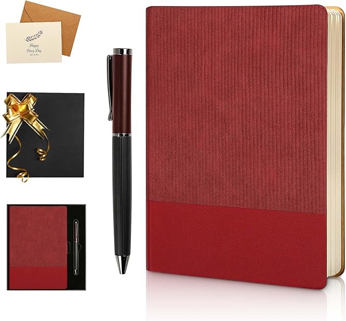 A5 Lined Notebook with Pen & Gift Box 216 Pages PU Leather Journals for Women Men 100GSM Thick Paper College Ruled Notebook for Christmas Gifts,School,Travel,Business,Work,Home Writing (Red)