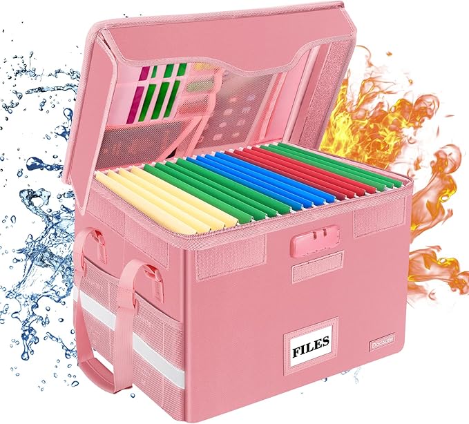 DocSafe Fireproof Document Box with Lock,File Storage Organizer with Zipper Pockets,Collapsible Portable File Box Home Office Safe Filing Cabinet with Handle for Hanging Letter/Legal Folder,Pink