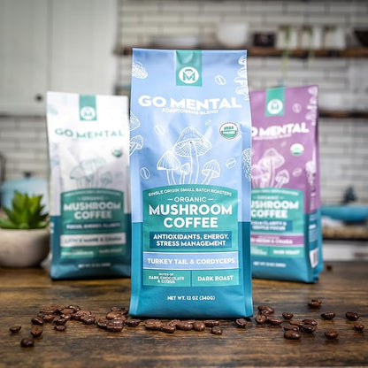 Organic Mushroom Coffee 3 Bag Gift Box Set, Lion's Mane & Chaga, Red Reishi & Chaga Decaffeinated, Turkey Tail & Cordyceps, Immune Support & Overall Wellbeing Dark Roast 36oz Ground