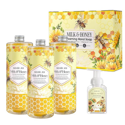 ROMIIE ZOI Foaming Hand Soap Refill Gift Set – Honey & Milk Scent – 3 Pack (1000ML Each) with Dispenser – Gentle & Moisturizing Plant-Based Formula – Bulk Refill Bottles for Bathroom & Kitchen Use