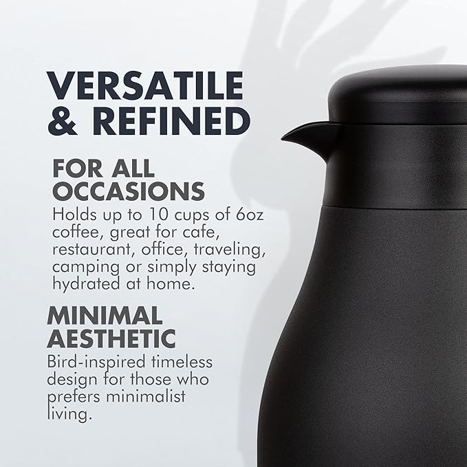 GrandTies 61oz Stainless Steel Thermal Coffee Carafe - Insulated Double Walled Vacuum Coffee Pot, Hot Water Dispenser - Thermal Bottle for Hot Drinks, 12 Hour Heat Retention (Midnight Black)