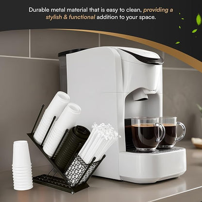 Oslow Cup Dispenser - Heavy-Duty Metal Coffee Cup Holder for Countertop with Adjustable Height - Cup Organizer for Restaurant, Cafe, Office Kitchen or Break Room, Home Coffee Bar - 11.5x4.5x15", Black