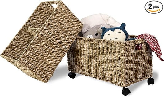 PEMAR Set 2 Nesting Natural Wicker Rolling Storage Baskets on Wheels w Insert Handles, Under Table Under Desk Woven Storage Bins, Mobile File Cabinet Organiser (Seagrass, Sizes M, L Nesting)
