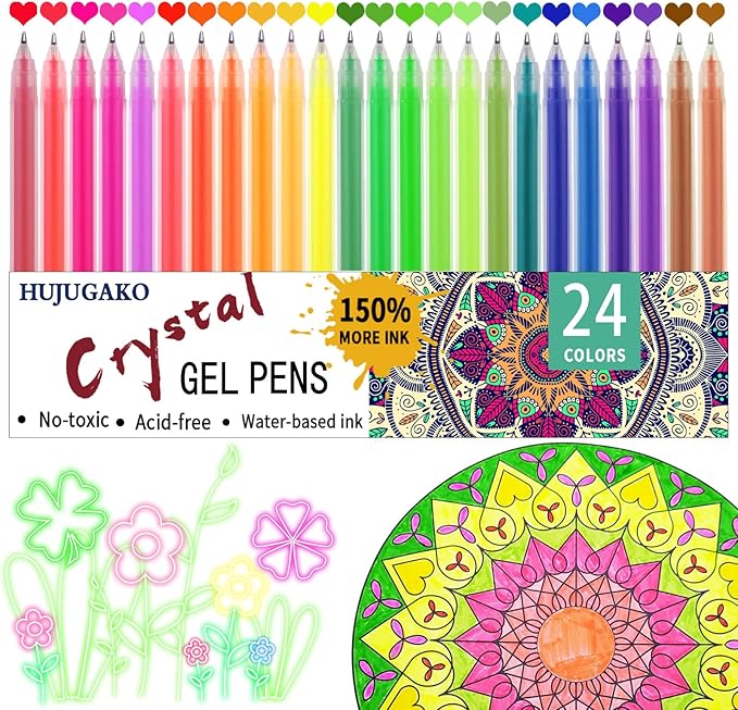 Neon Gel Pens,24 Colored Crystal Gel Pens 0.8-1.0MM Tip Pens with 150% More Ink for Adults Coloring Books Drawing Doodling Crafts Scrapbooks Bullet Journaling