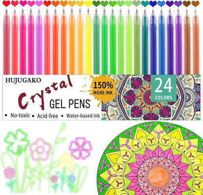 Neon Gel Pens,24 Colored Crystal Gel Pens 0.8-1.0MM Tip Pens with 150% More Ink for Adults Coloring Books Drawing Doodling Crafts Scrapbooks Bullet Journaling