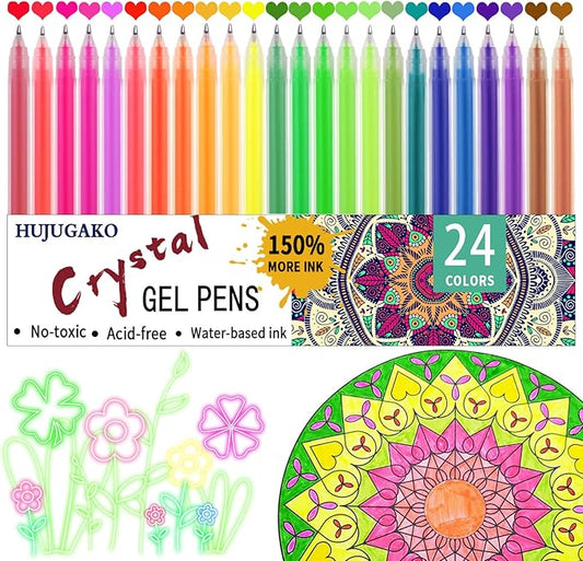 Neon Gel Pens,24 Colored Crystal Gel Pens 0.8-1.0MM Tip Pens with 150% More Ink for Adults Coloring Books Drawing Doodling Crafts Scrapbooks Bullet Journaling