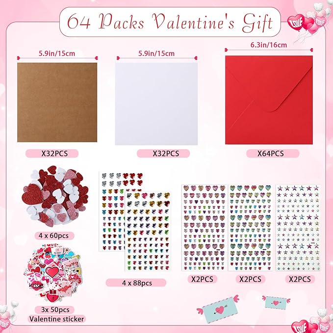 Zonon Valentine's Day DIY Card Making Kit Include Greeting Cards and Envelopes Heart Foam Stickers Diamond Stickers Valentine Party Favors Classroom Exchange Gifts(64 Pack)