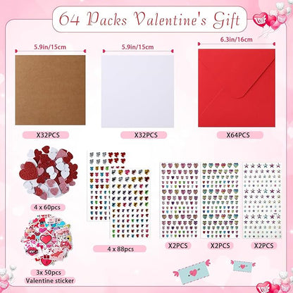 Zonon Valentine's Day DIY Card Making Kit Include Greeting Cards and Envelopes Heart Foam Stickers Diamond Stickers Valentine Party Favors Classroom Exchange Gifts(64 Pack)