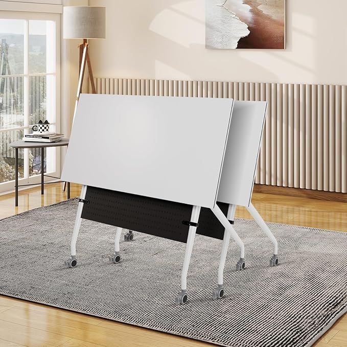 Conference Room Table, 55 Inch Folding Conference Tables with Wheels, Modern Office Meeting Table, Easy Flip & Nest Design, Rectangular Seminar Tables with Metal Frame for 2-24 People(H 2PCS)