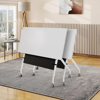 Conference Room Table, 55 Inch Folding Conference Tables with Wheels, Modern Office Meeting Table, Easy Flip & Nest Design, Rectangular Seminar Tables with Metal Frame for 2-24 People(H 2PCS)