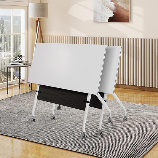 Conference Room Table, 55 Inch Folding Conference Tables with Wheels, Modern Office Meeting Table, Easy Flip & Nest Design, Rectangular Seminar Tables with Metal Frame for 2-24 People(H 2PCS)