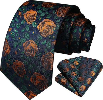 HISDERN Men Floral Ties Woven Classic 3.4" Necktie Set Formal Tie Pocket Square for Wedding with Handkerchief Gift Box