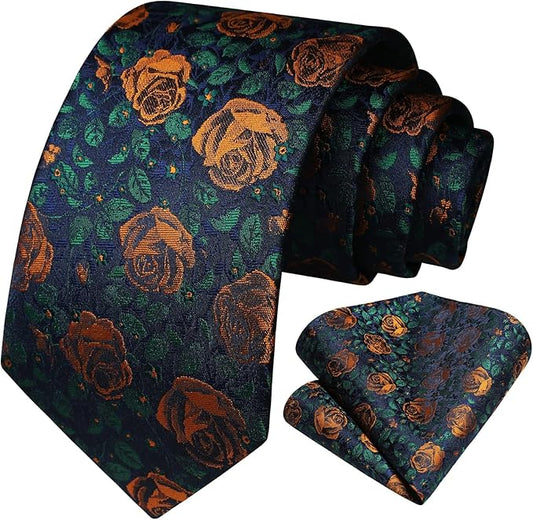 HISDERN Men Floral Ties Woven Classic 3.4" Necktie Set Formal Tie Pocket Square for Wedding with Handkerchief Gift Box