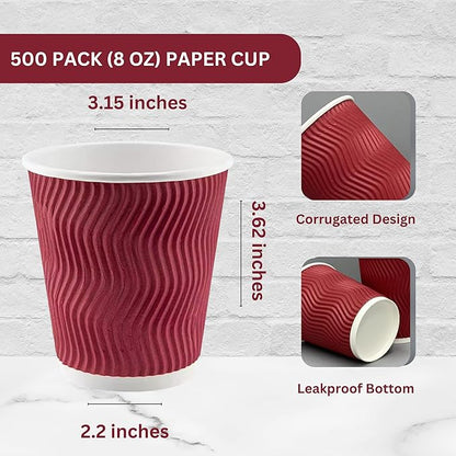 500 Pack 8oz Triple Wall Corrugated Insulated Red Paper Cups for Hot Drinks — Disposable Coffee Cups for Tea, Espresso, Office, Parties, Café or Pantry