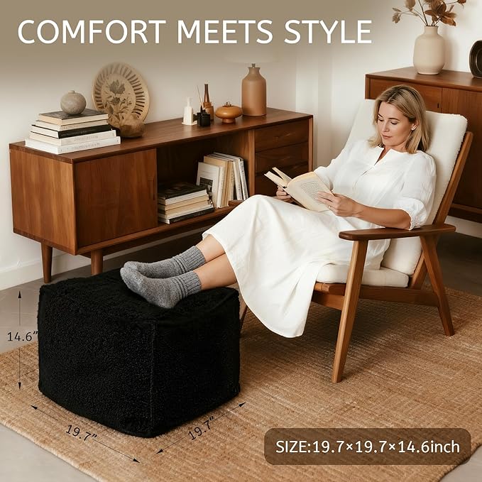 Square Boucle Pouf Ottoman Footrest – Soft & Lightweight Footstool with Foam Filling for Living Room & Bedroom, Laid-Back Lounge Style