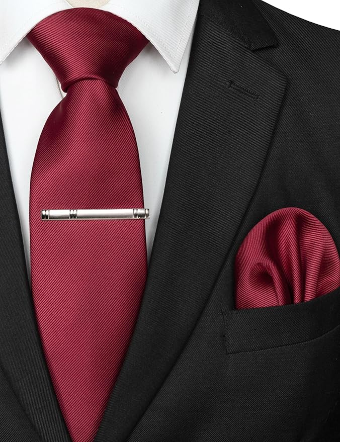 JEMYGINS Solid Color Formal Necktie and Pocket Square Tie Clip Sets for Men