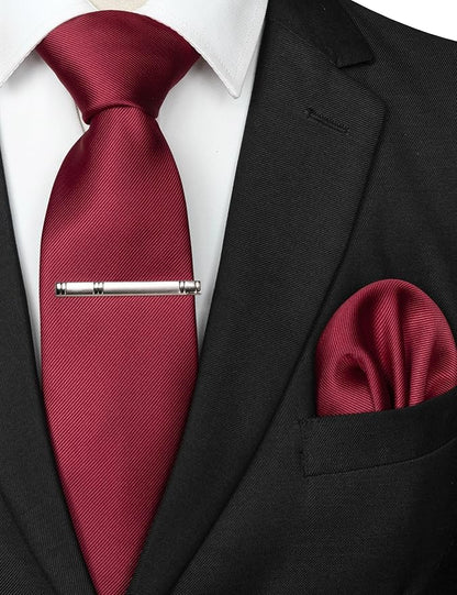 JEMYGINS Solid Color Formal Necktie and Pocket Square Tie Clip Sets for Men