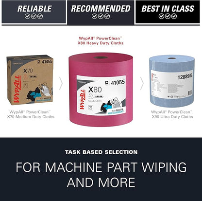 WypAll PowerClean X80 Cloths Heavy Duty Wipes (41055), Jumbo, Extended Use Towels, Red (1 Roll of 455 Sheets, 455 Sheet Total)