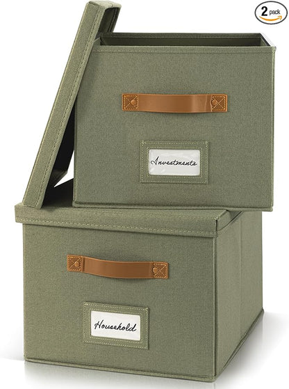 ZICOTO Decorative File Organizer Box Set of 2 - Collapsible Linen Filing Cabinets w/Handles Are Perfect to Store all Your Documents & Hanging File Folders - Portable Easy Slide Crates with Lid