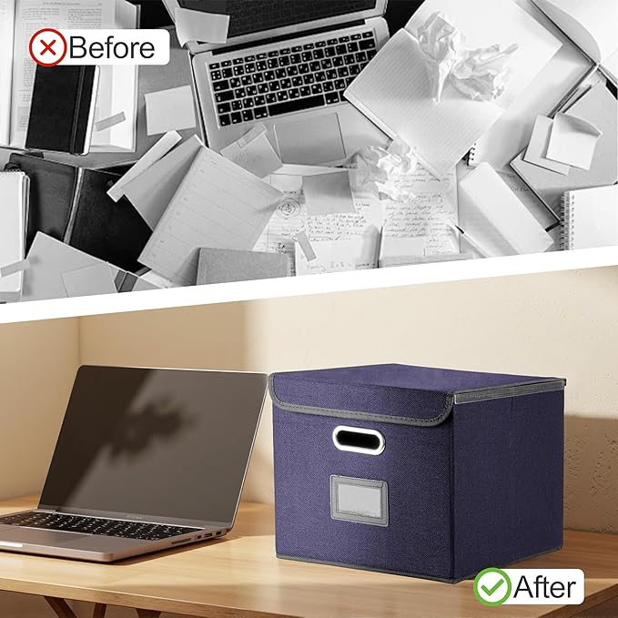 Collapsible File Box with Lid & Plastic Slide - Hanging Document Organizer for Office/Home, 14.96x12.6x10.83 Inch,Dark Blue, 2 Pack (No Folders Included)