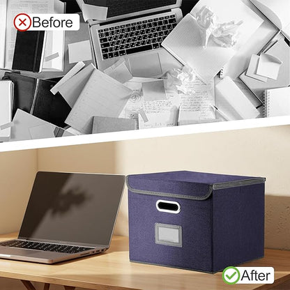 Collapsible File Box with Lid & Plastic Slide - Hanging Document Organizer for Office/Home, 14.96x12.6x10.83 Inch,Dark Blue, 2 Pack (No Folders Included)
