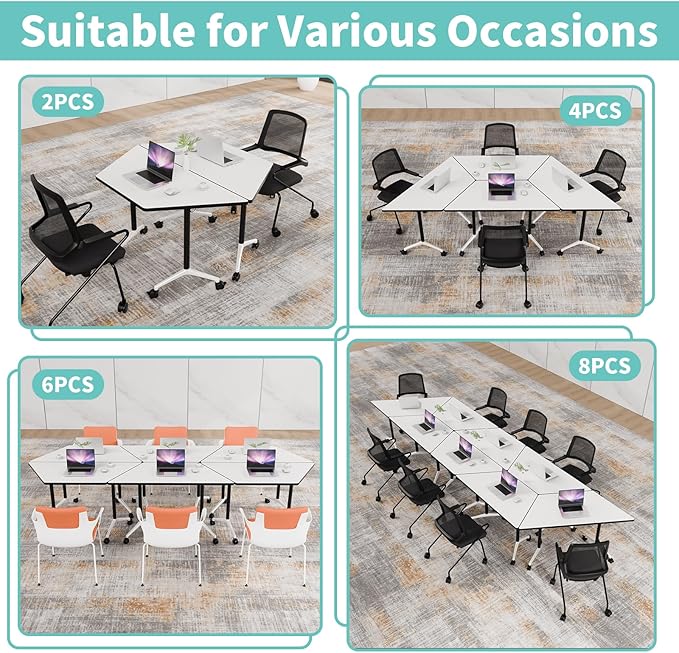 Conference Table, Foldable Conference Room Tables with Silent Wheels, Folding Modular Seminar Meeting Tables, Modern Rectangle Training Table for Office, Boardroom (6, Trapezoidal, 47.2)