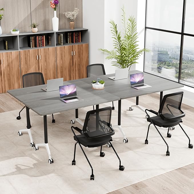 Conference Room Table, 55 Inch Folding Conference Tables with Wheels, Modern Office Meeting Table, Easy Flip & Nest Design, Rectangular Seminar Tables with Metal Frame for 2-24 People(C 4PCS)