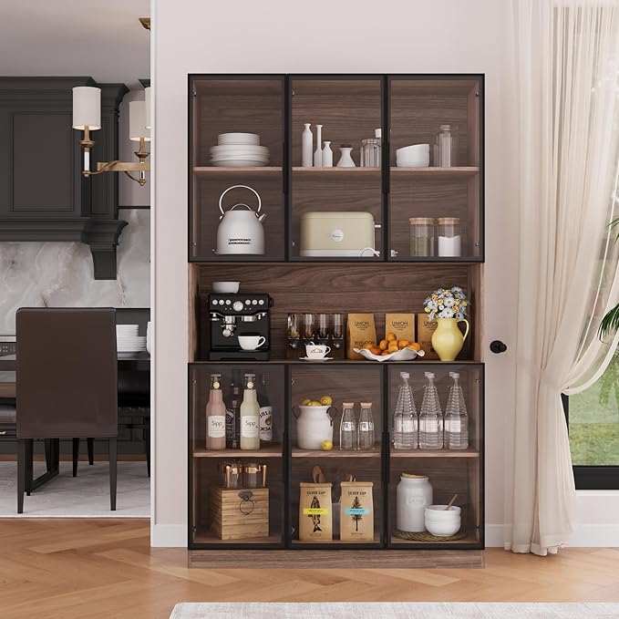 78.7" H Display Cabinet with 6 Glass Doors and Lights, Storage Cabinets Modern Bookcase with Hutch for Collectible, Display Case/Glass Curio Cabinets for Living Room,Walnut