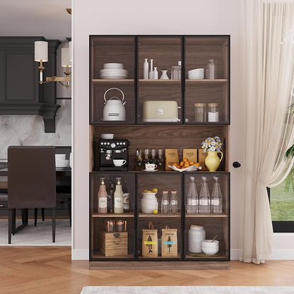 78.7" H Display Cabinet with 6 Glass Doors and Lights, Storage Cabinets Modern Bookcase with Hutch for Collectible, Display Case/Glass Curio Cabinets for Living Room,Walnut