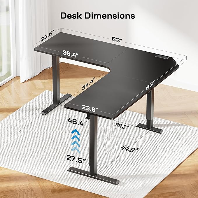 HUANUO Electric L Shaped Standing Desk, 63" x 63" Height Adjustable Corner Standing Desk with Built-in Power Outlets & Power Strip Holder, Sit Stand Up Table with 3 Preset Heights, Black