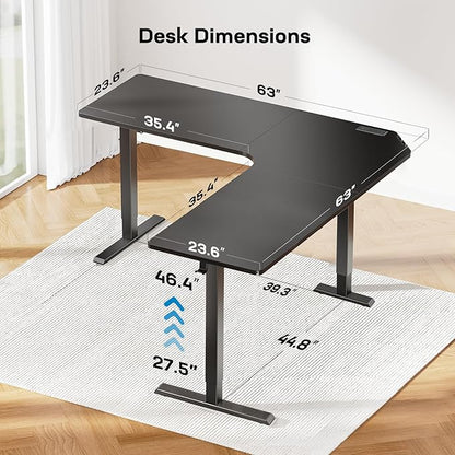 HUANUO Electric L Shaped Standing Desk, 63" x 63" Height Adjustable Corner Standing Desk with Built-in Power Outlets & Power Strip Holder, Sit Stand Up Table with 3 Preset Heights, Black