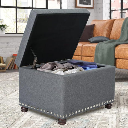 Adeco Classy Linen Blend Fabric Accents Rectangular Storage Bench Ottoman Footstool, Footrest Side Living Room Bedroom Coffee Table, 24x17.5x18, Grey
