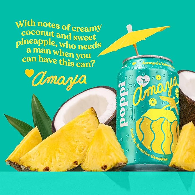 Poppi Sparkling Prebiotic Soda Beverage with Apple Cider Vinegar, Seltzer Water and Fruit Juice, Amaya’s Island Colada Limited Edition Flavor, 12 oz, Pack of 12, Packaging May Vary