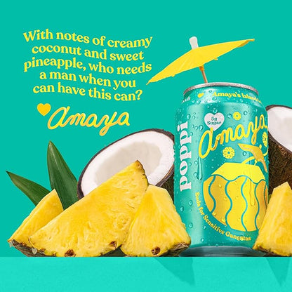 Poppi Sparkling Prebiotic Soda Beverage with Apple Cider Vinegar, Seltzer Water and Fruit Juice, Amaya’s Island Colada Limited Edition Flavor, 12 oz, Pack of 12, Packaging May Vary