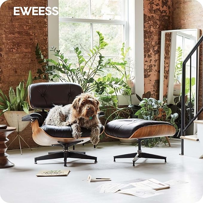 Top Black Grain Leather, Mid Century Chaise Lounge Chair and Ottoman, Modern Chair Classic Design, Walnut Wood, Heavy Duty Base Support for Living Room Study Lounge Office