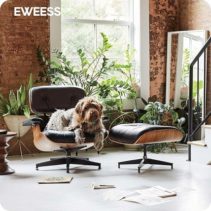 Top Black Grain Leather, Mid Century Chaise Lounge Chair and Ottoman, Modern Chair Classic Design, Walnut Wood, Heavy Duty Base Support for Living Room Study Lounge Office