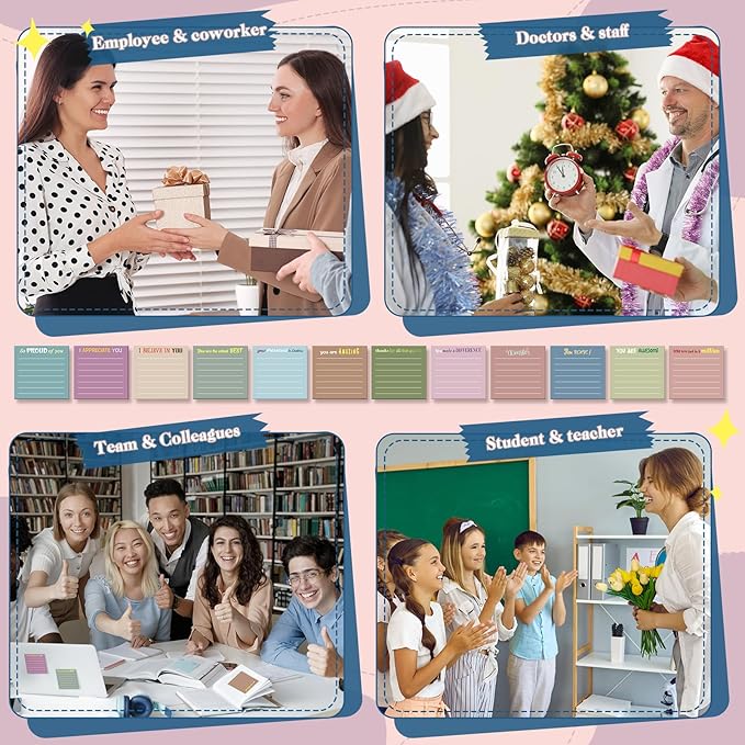Yinder 12 Pcs Employee Appreciation Sticky Notes Xmas Gift Bulk Motivation Note Pads Mini Inspirational Note Gift for Teacher Nurse Staff Coworker Office Supply 3 x 3'' (Appreciation,Neutral Color)