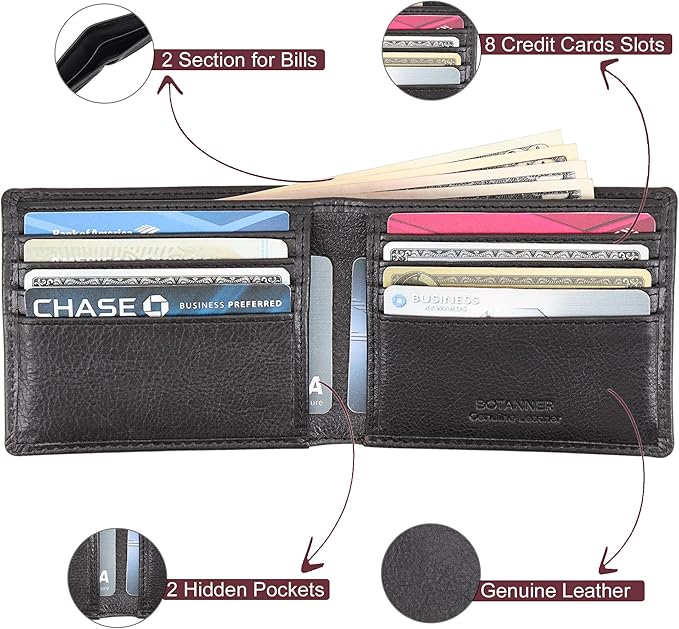 Genuine Leather Bifold Mens Slim Wallet RFID Blocking with 8 Credit Card Slots 2 Sections for Bills 2 Additional Slots | For Him (Black)