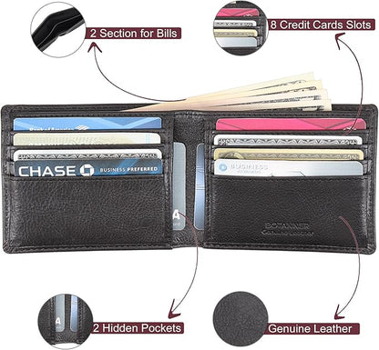 Genuine Leather Bifold Mens Slim Wallet RFID Blocking with 8 Credit Card Slots 2 Sections for Bills 2 Additional Slots | For Him (Black)