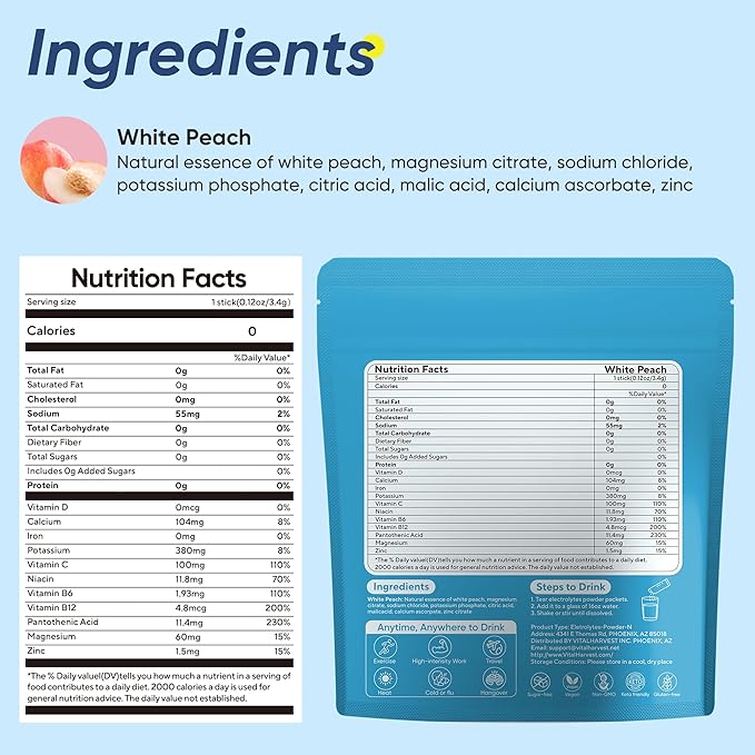 VitalHarvest 36 Sticks Electrolytes Powder Packets Sugar Free Hydration Packets Electrolyte Liquid Daily IV Drink Mix with White Peach, Low Sodium, 0 Calorie