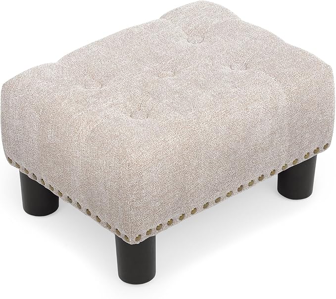 Athena Collection Small Foot Stool Ottoman with Storage, Rectangular Mini Ottoman with Legs Tufted Ottoman Foot Rest Stool Upholstered Ottoman Footstool with Nailhead Trim & Zipper, Sandy Beige