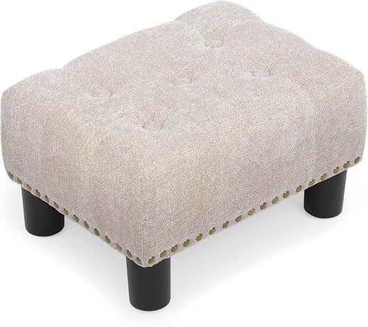 Athena Collection Small Foot Stool Ottoman with Storage, Rectangular Mini Ottoman with Legs Tufted Ottoman Foot Rest Stool Upholstered Ottoman Footstool with Nailhead Trim & Zipper, Sandy Beige