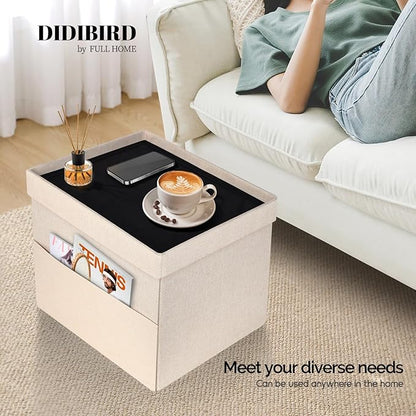 Storage Ottoman,Folding Ottomans with Storage,Linen Ottoman Foot Rest with Pocket,Foot Stool with Thicker Foam Padded for Living Room,Bedroom,Office,Dorm,287 lb Load Capacity,17x13x13in,Beige