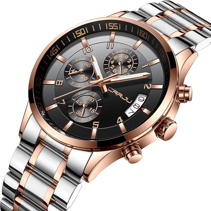 CRRJU Men's Fashion Stainless Steel Watches Date Waterproof Chronograph Wristwatches,Black Steel Band Waterproof Quartz Watch for Men