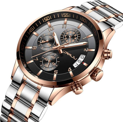 CRRJU Men's Fashion Stainless Steel Watches Date Waterproof Chronograph Wristwatches,Black Steel Band Waterproof Quartz Watch for Men