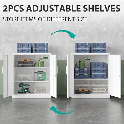 White Metal Storage Cabinet with Doors and Shelves,36 inch Small Metal Cabinet with Lock,Short Garage Storage Cabinets,Locking Steel Cupboard for Home,Office,Kitchen,Garages