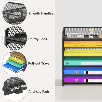 6 Tier Paper Organizer with Handle, Metal Desk Organizer Mesh Paper Letter Tray Desktop File Folder Document Sorter for Classroom, School, Office Accessories Organization and Storage - Black