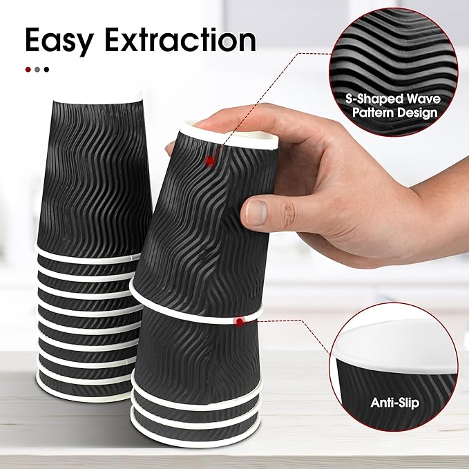 Ginkgo 100 Pack 12 oz Disposable Coffee Cups with Lids, To-Go Paper Coffee Cups for Hot Beverage, Chocolate and Cocoa, Coffee Bar Accessories - Black